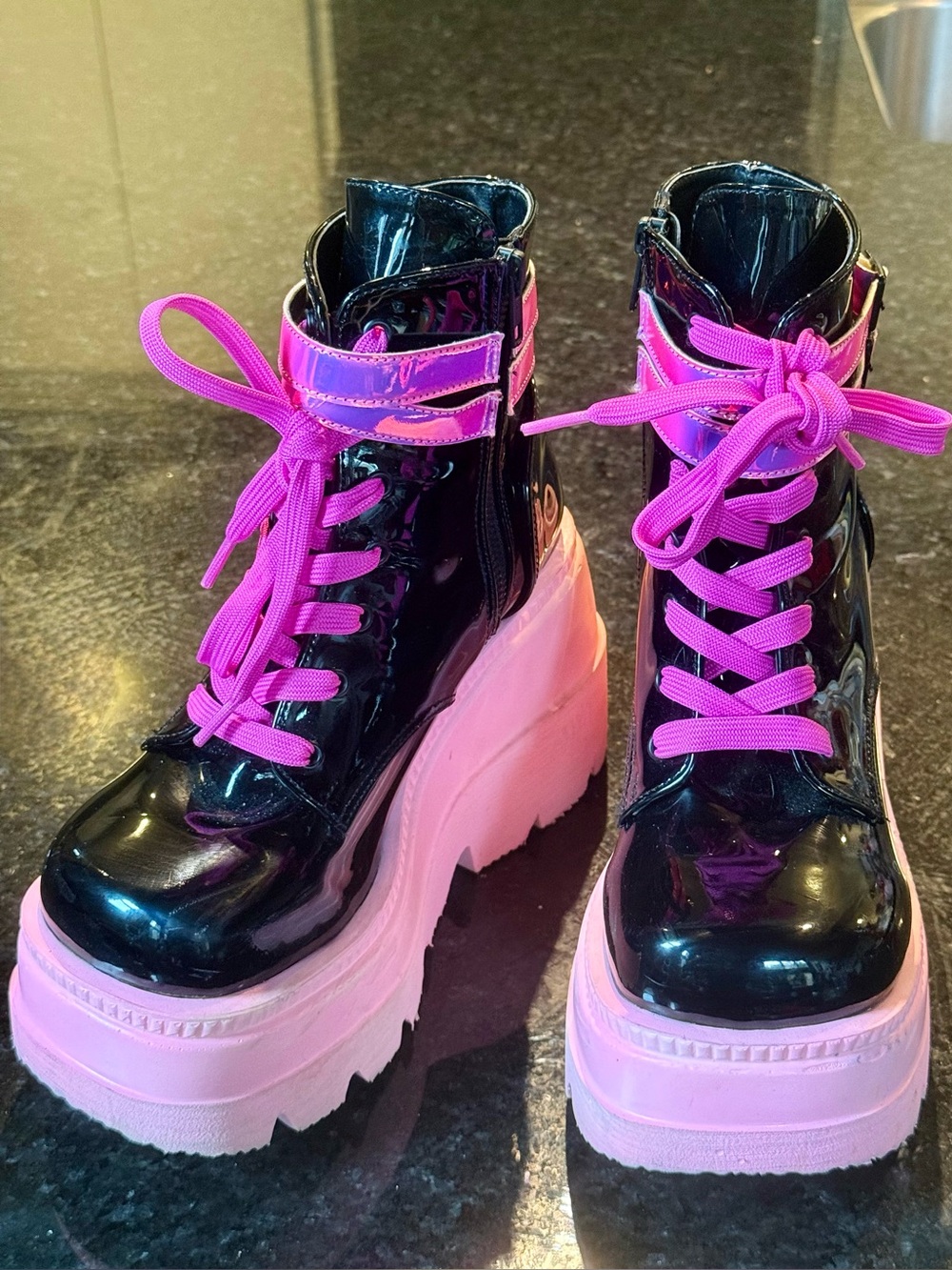 Black Patent Platform Lace-Up Boots with Pink Sole and Laces